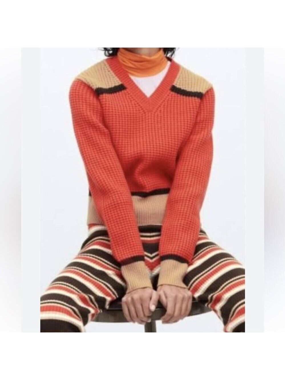 ** MARNI x Uniqlo Orange V Neck Waffle Knit Wool Blend Sweater Size S